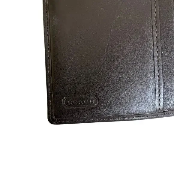 Coach Signature Gray Monogram Jacquard Brown Leather Trim Trifold Wallet Y2K - Picture 5 of 12